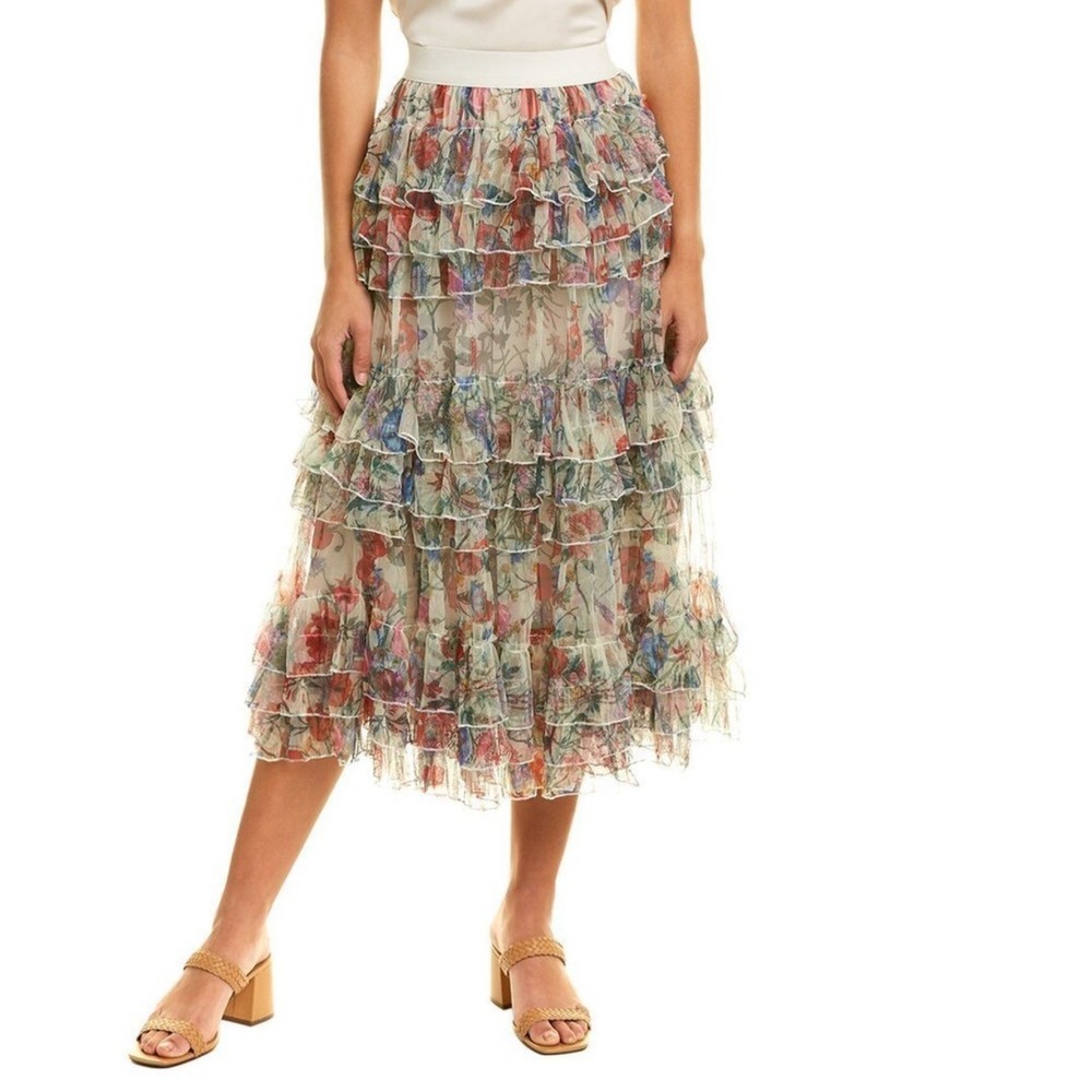 Beulah Style Floral Mesh Tiered Ruffle Skirt L NWT Romantic Cottagecore
